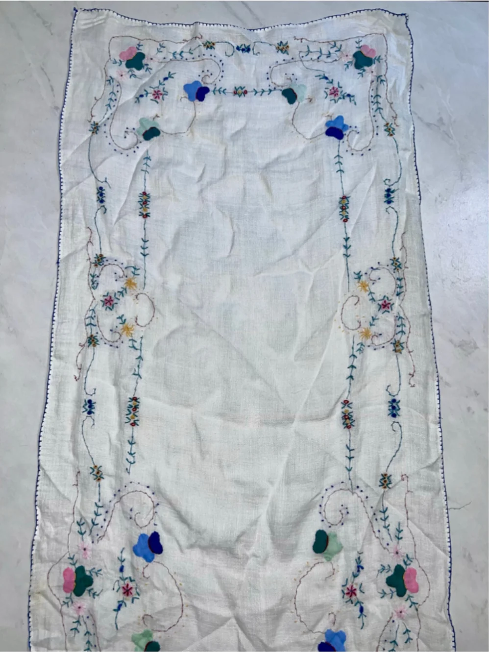 Unbranded Table Runner One Size White Multi-color Floral Embroidered Linen